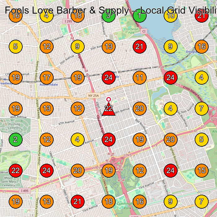 Fools Love Barber & Supply Barber Shop GeoGrid ranking map for Bayside NY